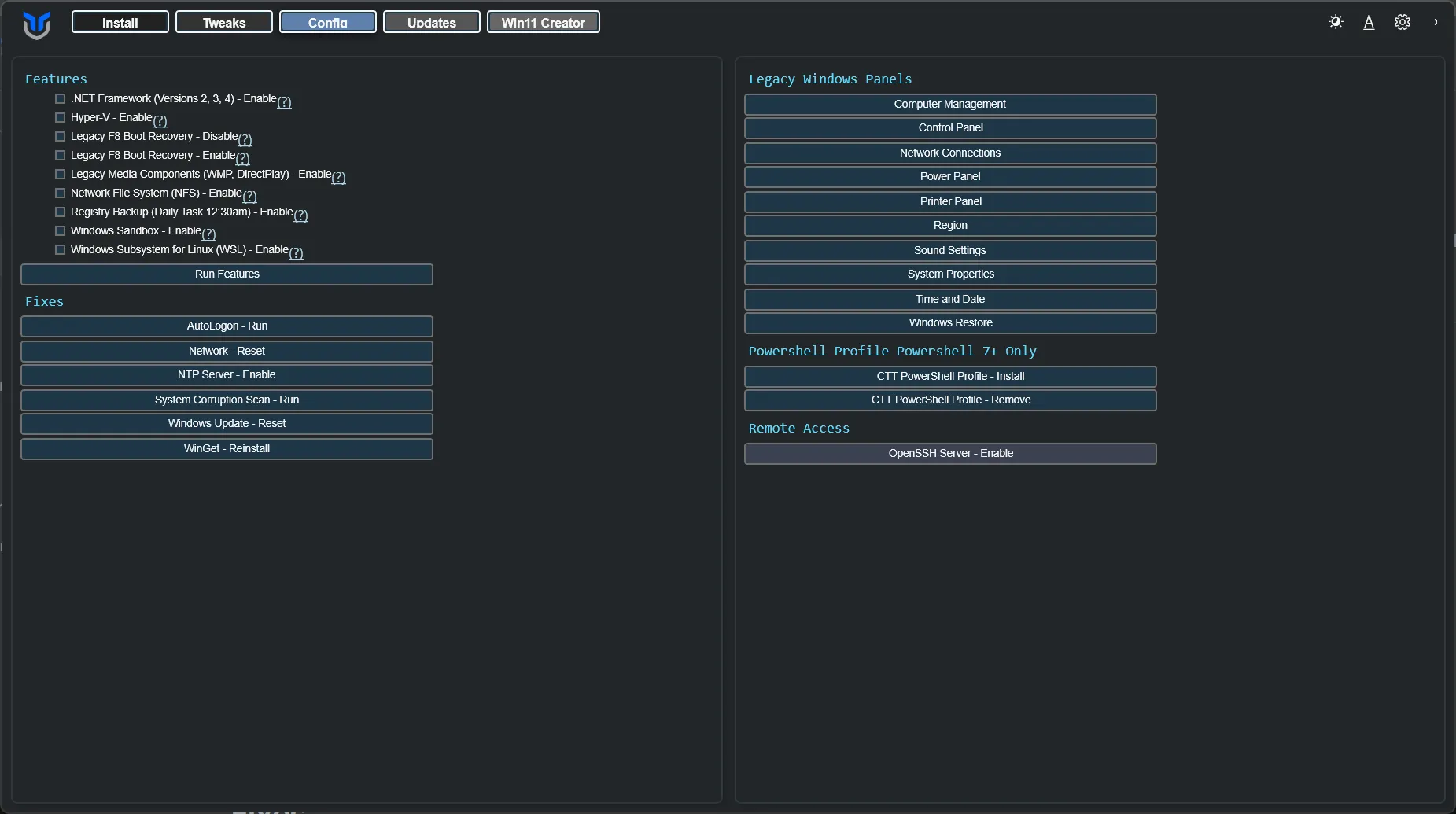 Config tab with features and fixes