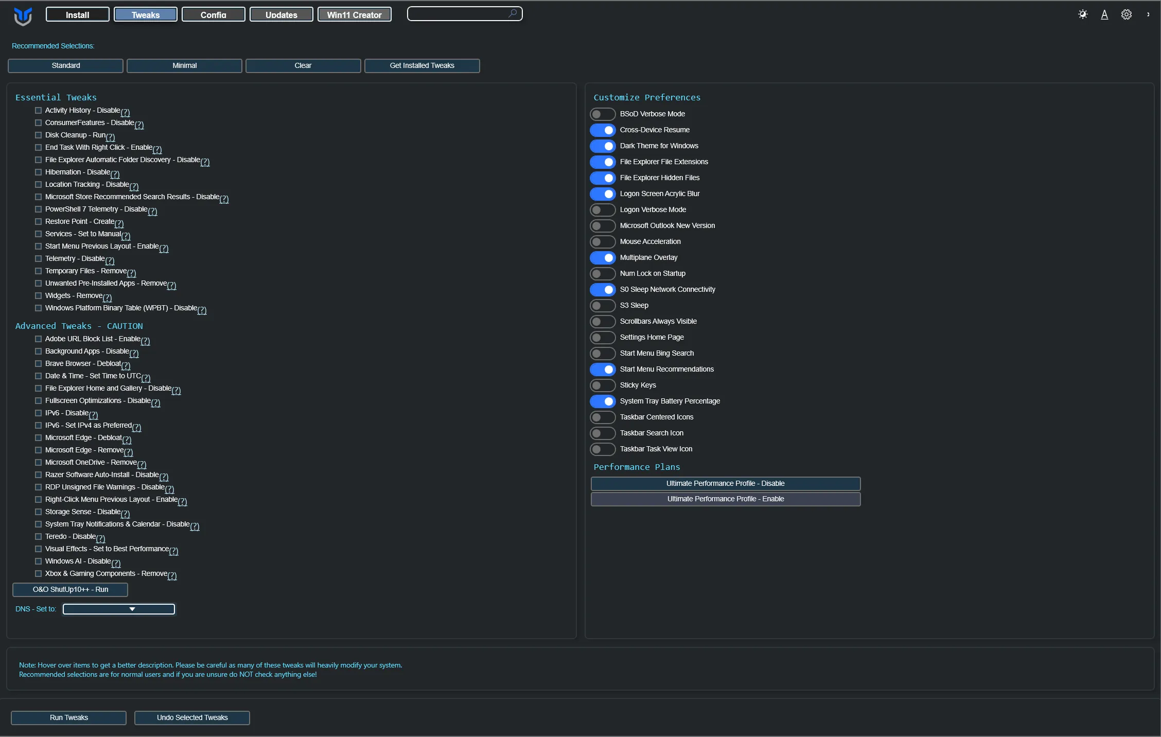 Image of Tweaks Tab