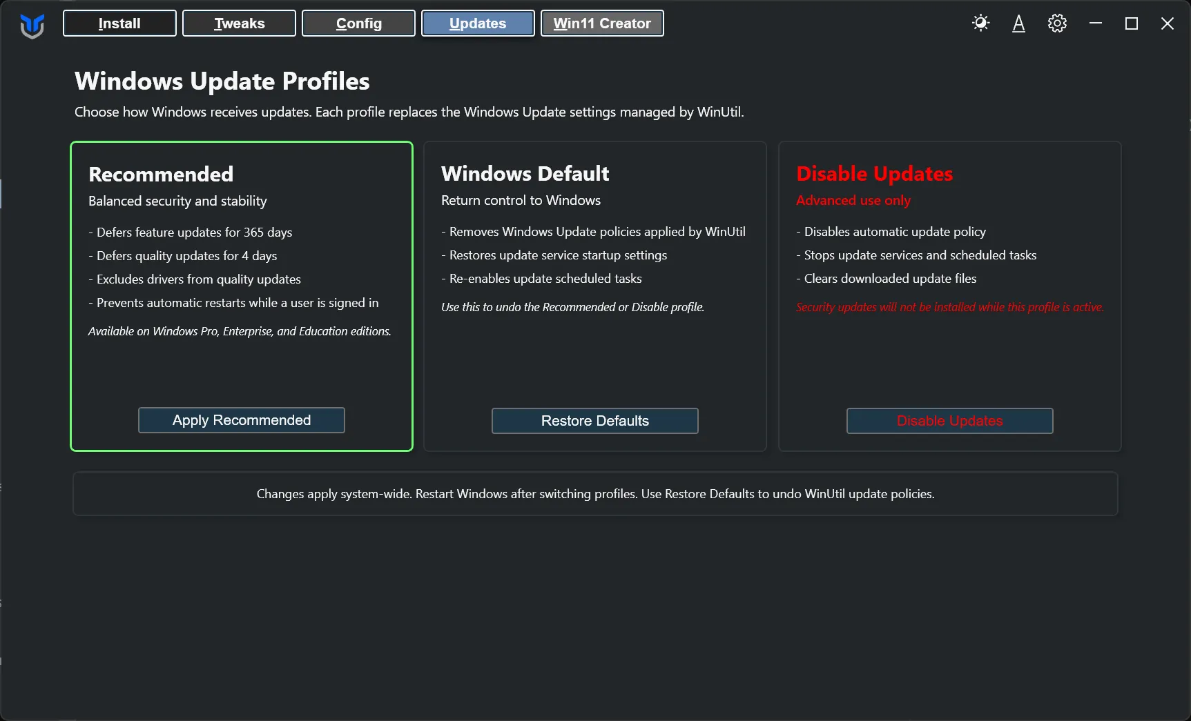Image of Updates Tab