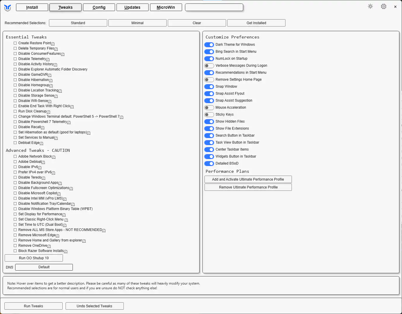Image of Tweaks Tab