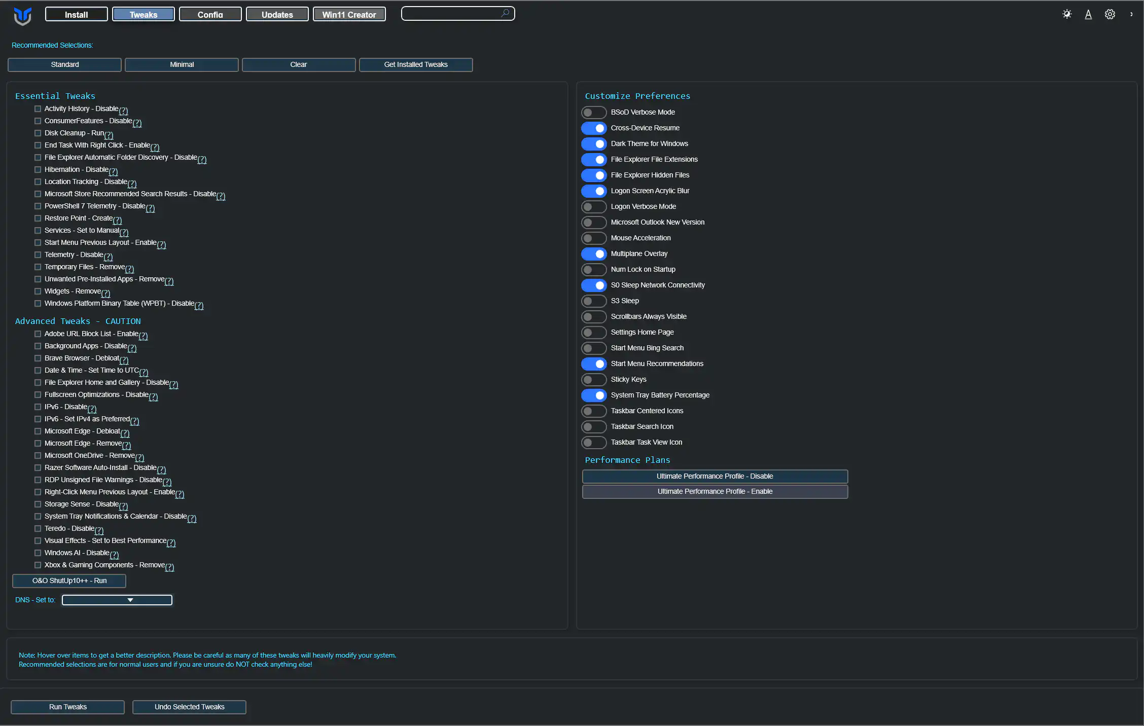 Image of Tweaks Tab