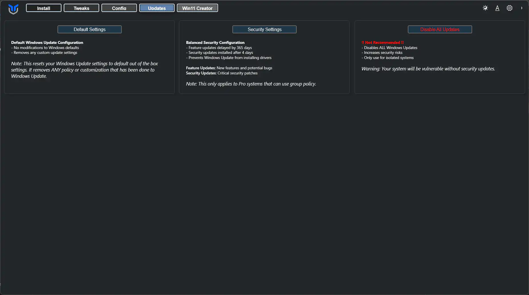 Updates tab in Winutil